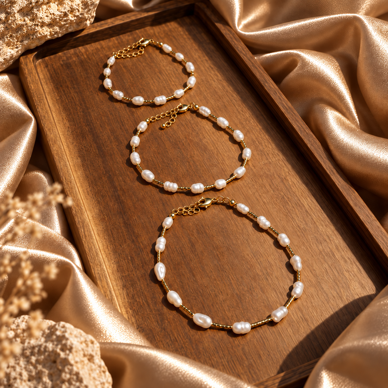 Pearl bracelets with gold-plated details on a wooden tray