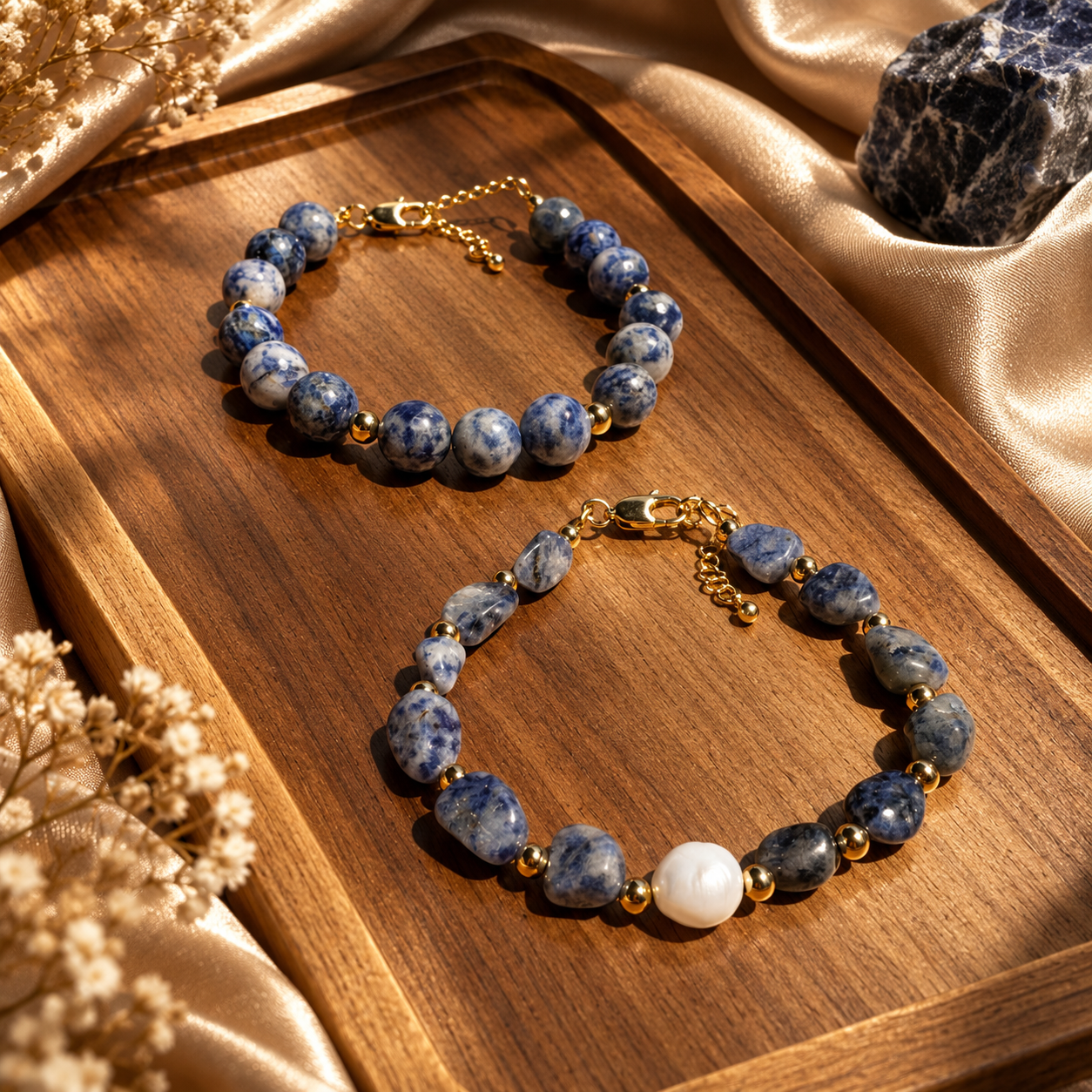 Blue stone bracelets displayed on a wooden tray with champagne fabric