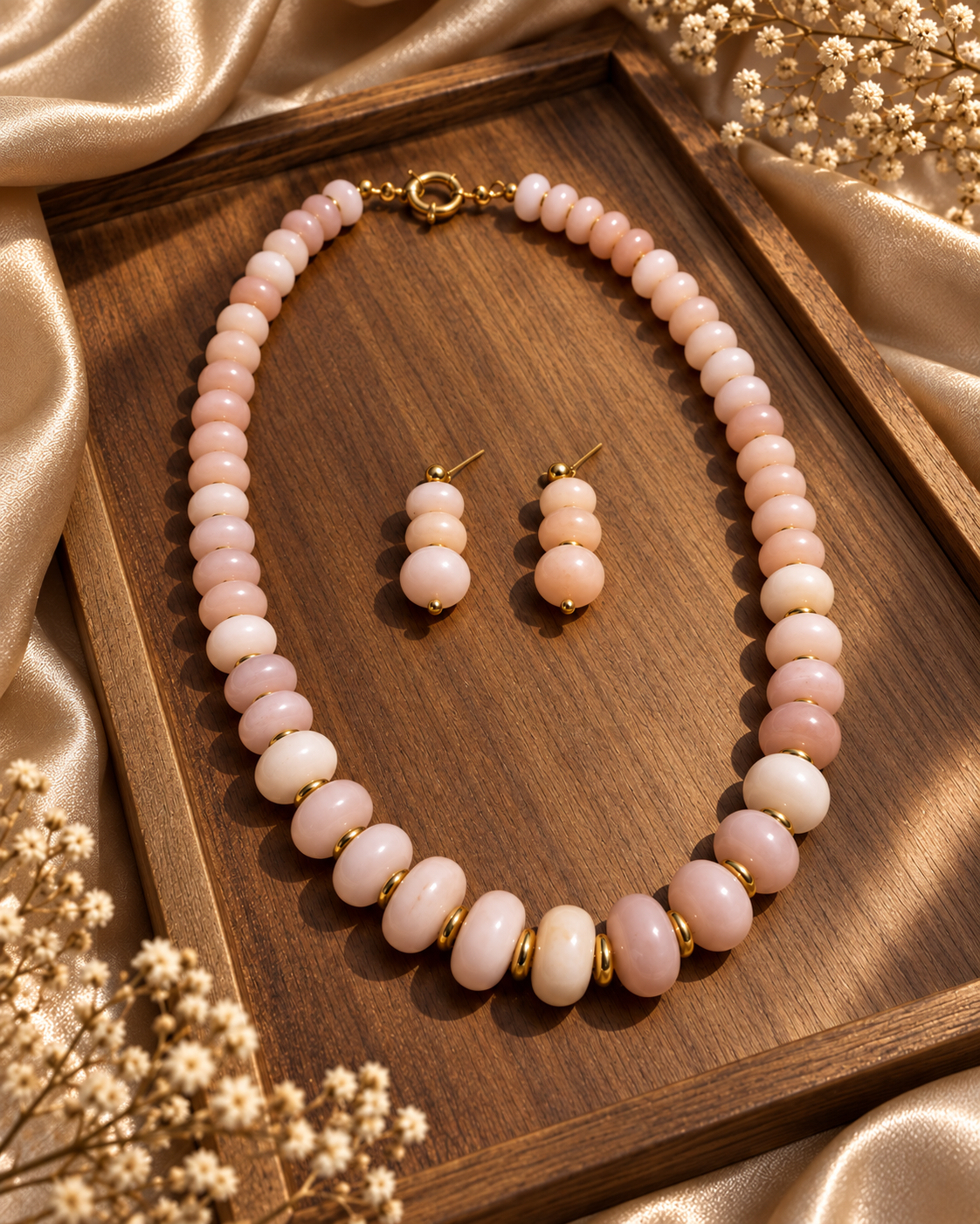 Blush stone set displayed on a wooden tray with champagne fabric