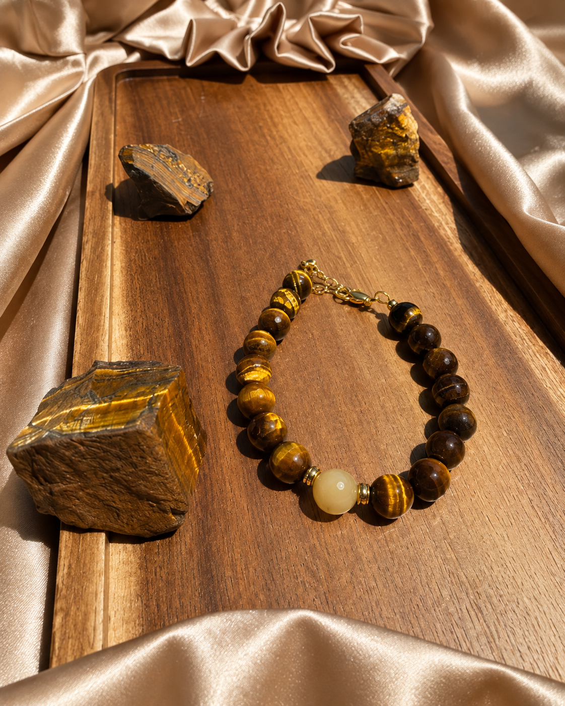 Golden-brown stone bracelet displayed on a wooden tray with champagne fabric