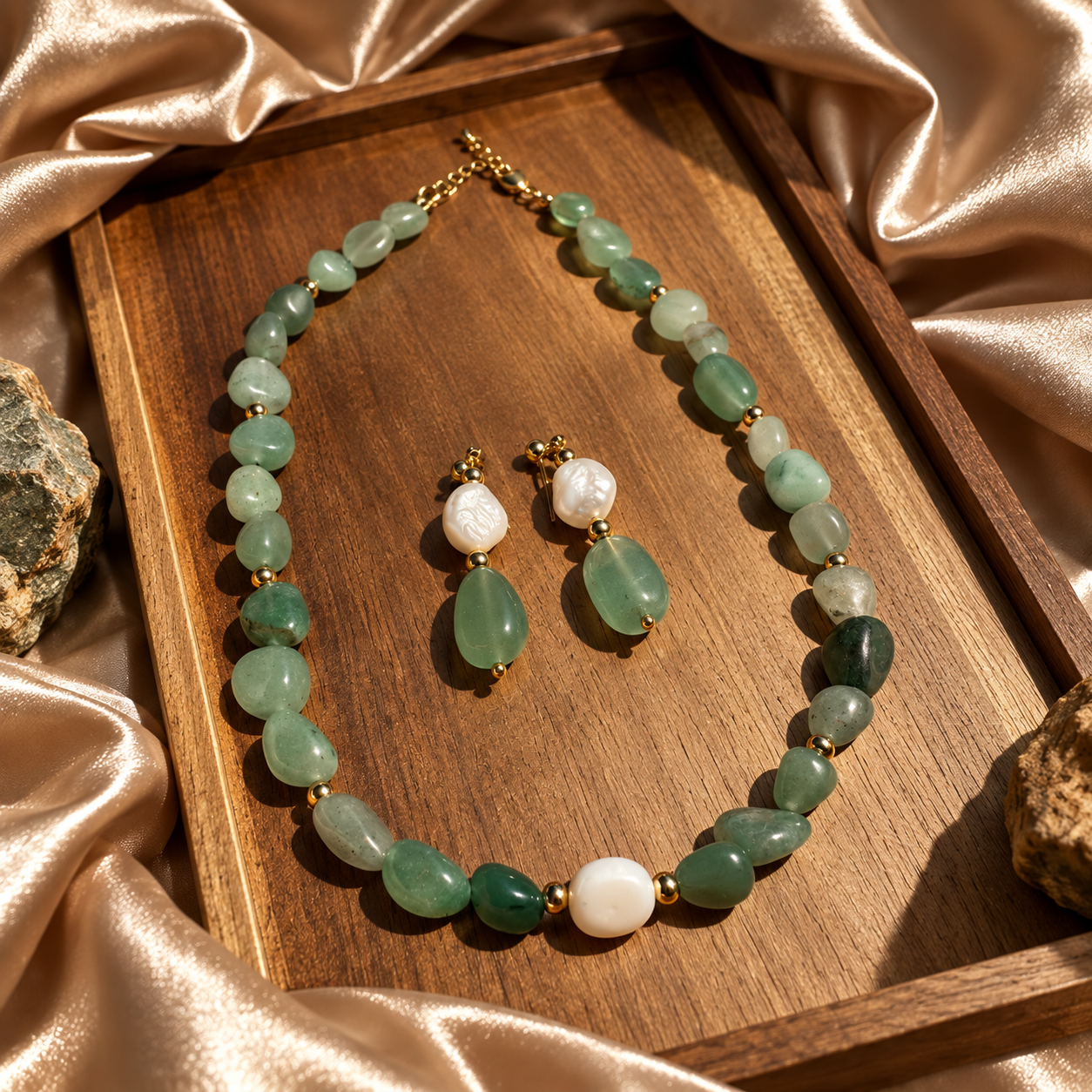 Green stone & pearl set displayed on a wooden tray with champagne fabric