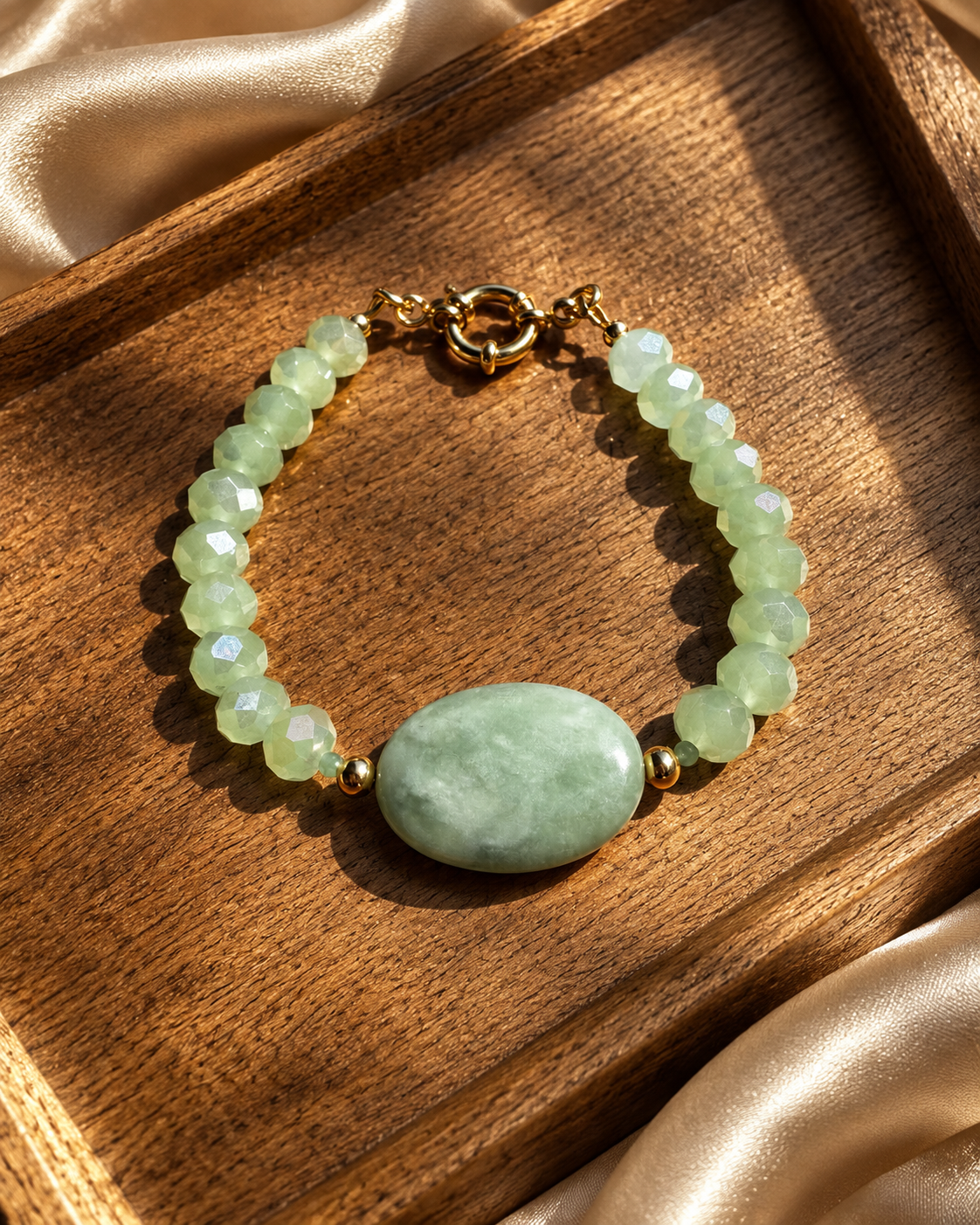 Pale green stone bracelet displayed on a wooden tray with champagne fabric